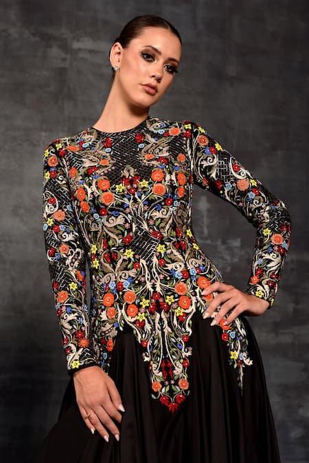 Buy_Samant Chauhan_Black Cotton, Silk Embroidery, Beads Round Neck Vibrant Floral Gown _Online_at_Aza_Fashions