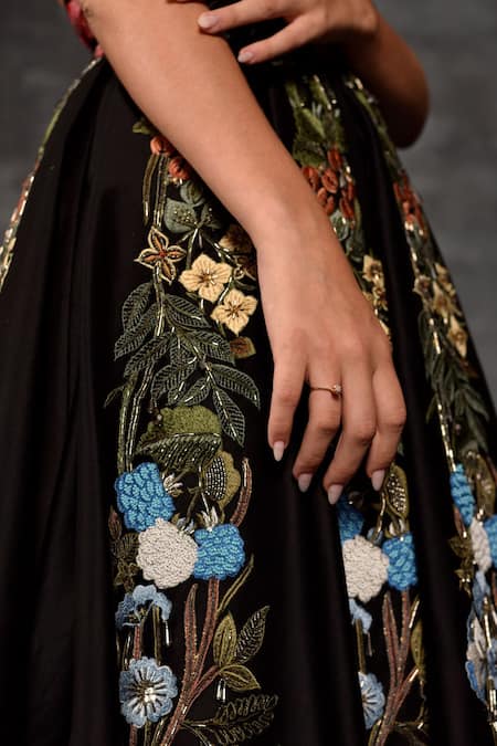Shop_Samant Chauhan_Black Cotton, Silk Embroidery Halter , Open Striking Floral Gown _Online_at_Aza_Fashions