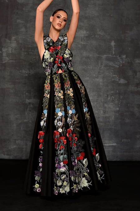 Samant Chauhan_Black Cotton, Silk Embroidery Halter , Open Striking Floral Gown _at_Aza_Fashions