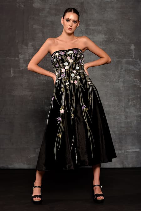 Samant Chauhan Bandeau Floral Embroidered Midi Dress 