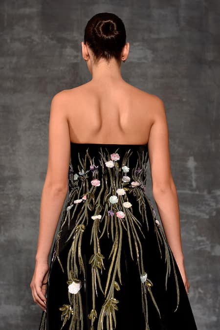 Buy Samant Chauhan Black Velvet Embroidery, Fabric Flowers Bandeau Neck Floral Midi Dress Online at Aza Fashions Buy_Samant Chauhan_Black Velvet Embroidery, Fabric Flowers Bandeau Neck Floral Midi Dress _Online_at_Aza_Fashions