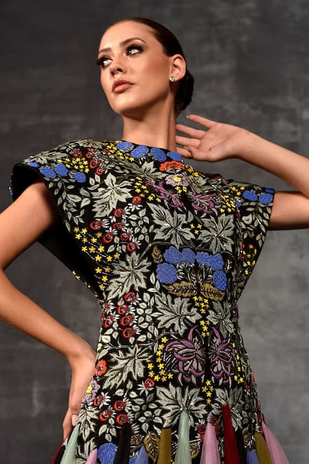 Shop_Samant Chauhan_Black Cotton, Silk, Net Embroidery Round Neck Floral Flared Gown _Online_at_Aza_Fashions