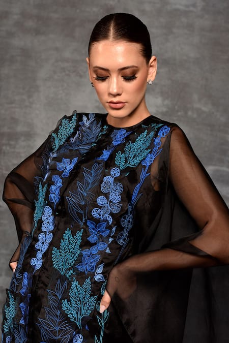 Samant Chauhan_Black Organza, Silk, Cotton Embroidery Round Neck Botanical Dress _Online_at_Aza_Fashions