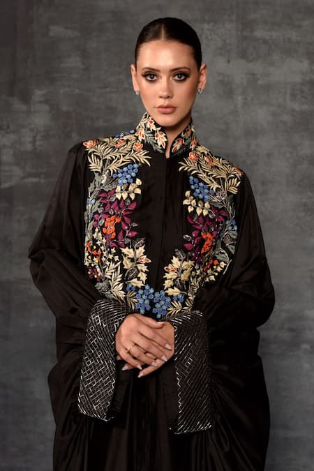 Samant Chauhan_Black Cotton, Silk Embroidery, Metallic Thread High Neck, Bodice Abaya Kaftan _Online_at_Aza_Fashions