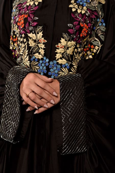 Buy_Samant Chauhan_Black Cotton, Silk Embroidery, Metallic Thread High Neck, Bodice Abaya Kaftan _Online_at_Aza_Fashions