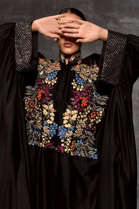 Shop_Samant Chauhan_Black Cotton, Silk Embroidery, Metallic Thread High Neck, Bodice Abaya Kaftan _Online_at_Aza_Fashions