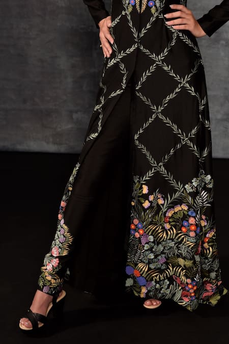 Samant Chauhan_Black Cotton, Silk Embroidery Mandarin Collar Botanical Jacket And Pant Set _Online_at_Aza_Fashions