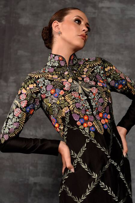 Buy_Samant Chauhan_Black Cotton, Silk Embroidery Mandarin Collar Botanical Jacket And Pant Set _Online_at_Aza_Fashions