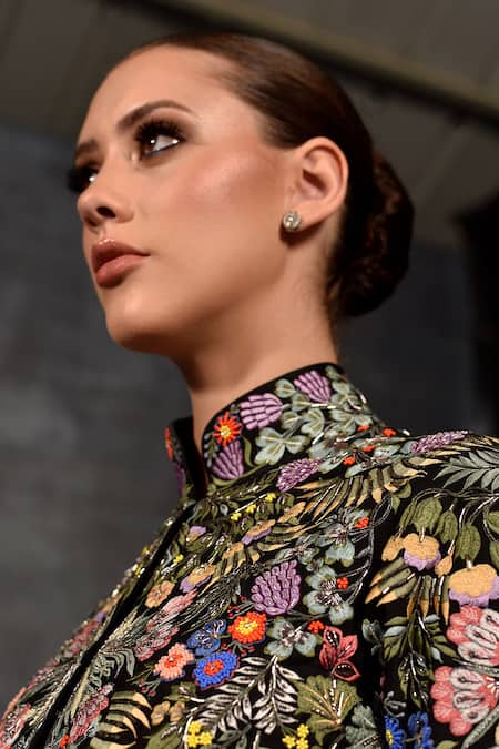 Shop_Samant Chauhan_Black Cotton, Silk Embroidery Mandarin Collar Botanical Jacket And Pant Set _Online_at_Aza_Fashions