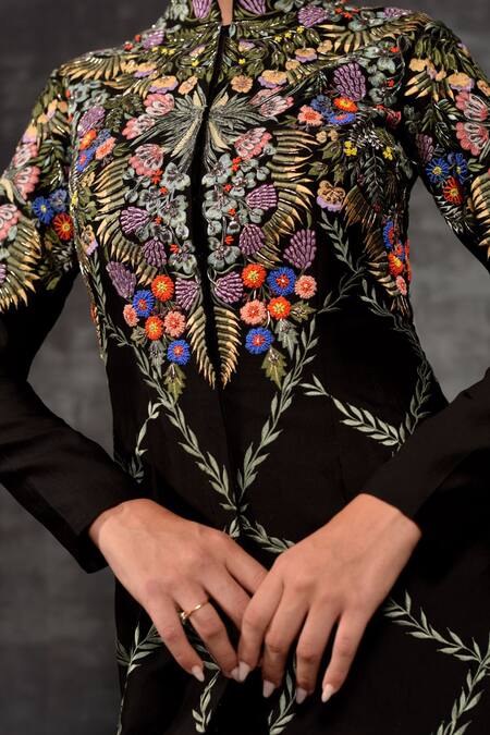 Samant Chauhan_Black Cotton, Silk Embroidery Mandarin Collar Botanical Jacket And Pant Set _at_Aza_Fashions