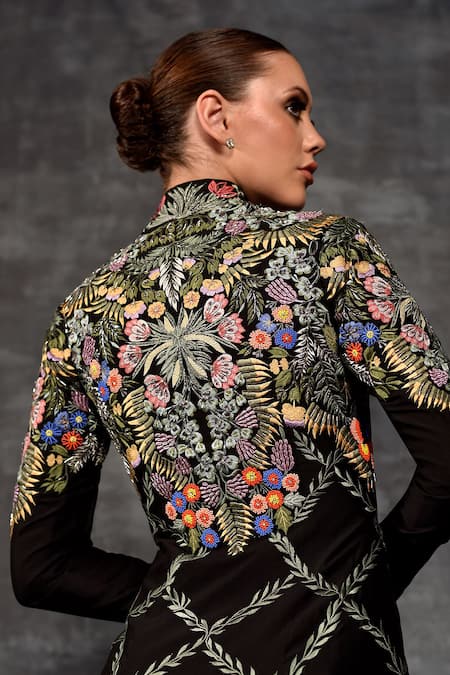 Buy_Samant Chauhan_Black Cotton, Silk Embroidery Mandarin Collar Botanical Jacket And Pant Set 