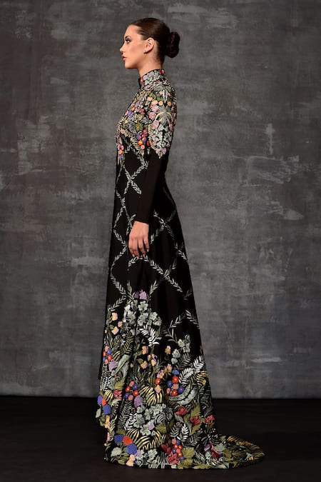 Shop_Samant Chauhan_Black Cotton, Silk Embroidery Mandarin Collar Botanical Jacket And Pant Set 