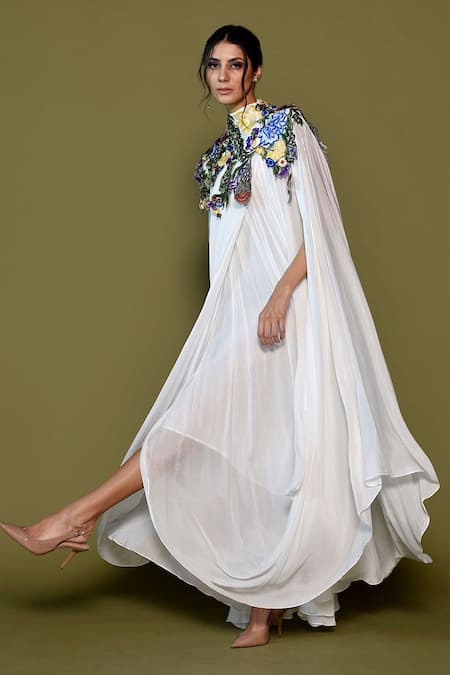 Samant Chauhan Off White Chiffon Embroidery, Beads High Applique Bodice Draped Kaftan Dress Online at Aza Fashions Samant Chauhan_Off White Chiffon Embroidery, Beads High Applique Bodice Draped Kaftan Dress _Online_at_Aza_Fashions