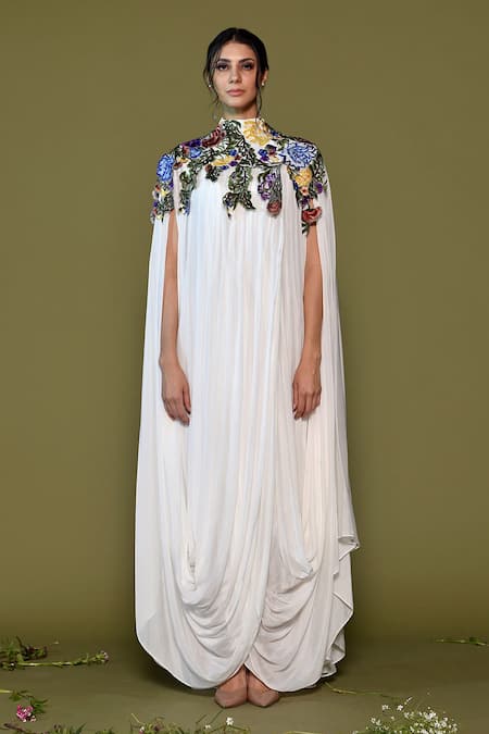 Samant Chauhan Off White Chiffon Embroidery, Beads High Applique Bodice Draped Kaftan Dress at Aza Fashions Samant Chauhan_Off White Chiffon Embroidery, Beads High Applique Bodice Draped Kaftan Dress _at_Aza_Fashions