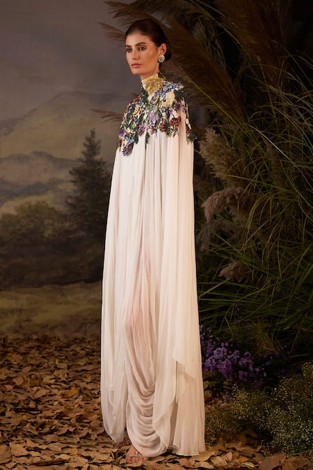 Buy Samant Chauhan Off White Chiffon Embroidery, Beads High Applique Bodice Draped Kaftan Dress Buy_Samant Chauhan_Off White Chiffon Embroidery, Beads High Applique Bodice Draped Kaftan Dress