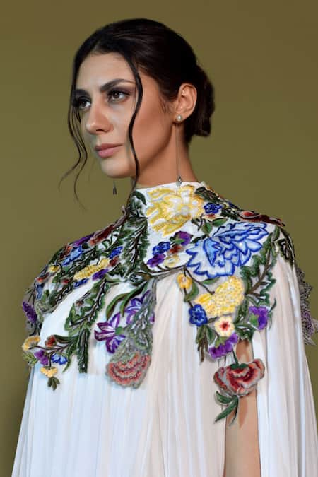 Shop Samant Chauhan Off White Chiffon Embroidery, Beads High Applique Bodice Draped Kaftan Dress Shop_Samant Chauhan_Off White Chiffon Embroidery, Beads High Applique Bodice Draped Kaftan Dress