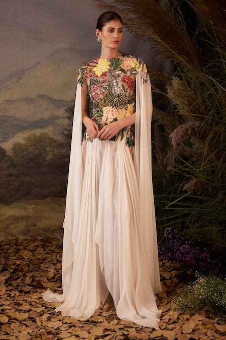Samant Chauhan_Off White Cotton, Silk Embroidery, Beads Round Neck Cape Gown _Online_at_Aza_Fashions