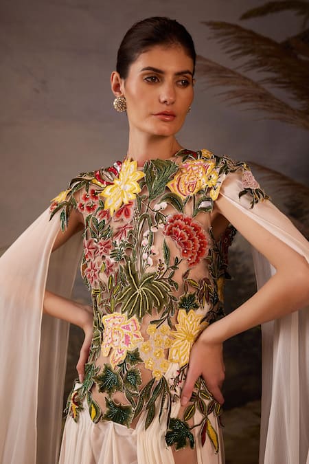 Buy_Samant Chauhan_Off White Cotton, Silk Embroidery, Beads Round Neck Cape Gown _Online_at_Aza_Fashions