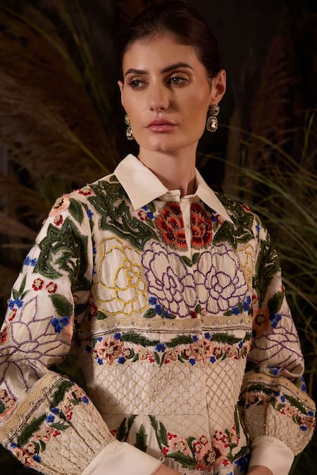 Samant Chauhan_Off White Linen, Silk Embroidery Collared, Button-down Neck Floral Tapestry Gown _Online_at_Aza_Fashions