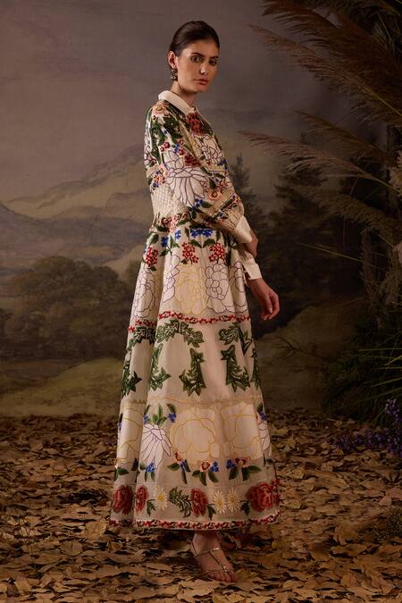 Buy_Samant Chauhan_Off White Linen, Silk Embroidery Collared, Button-down Neck Floral Tapestry Gown _Online_at_Aza_Fashions