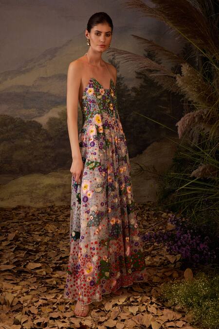 Buy_Samant Chauhan_Off White Organza Embroidery Halter Neck Floral Gown _Online_at_Aza_Fashions