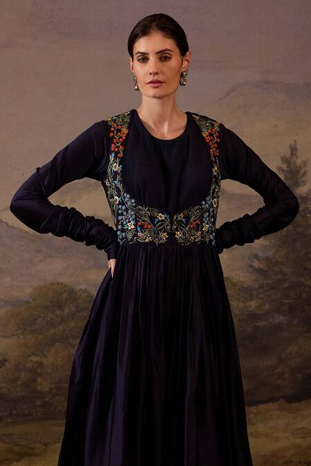 Samant Chauhan_Black Cotton, Silk Embroidery, Metallic Thread Round Neck Floral Gown _Online_at_Aza_Fashions