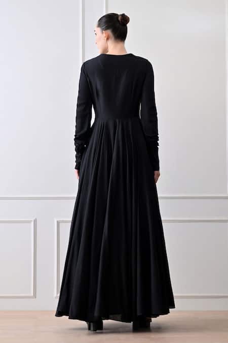 Samant Chauhan_Black Cotton, Silk Embroidery V-neck Floral Flared Gown _Online_at_Aza_Fashions