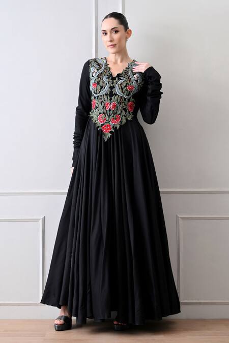 Shop_Samant Chauhan_Black Cotton, Silk Embroidery V-neck Floral Flared Gown _Online_at_Aza_Fashions