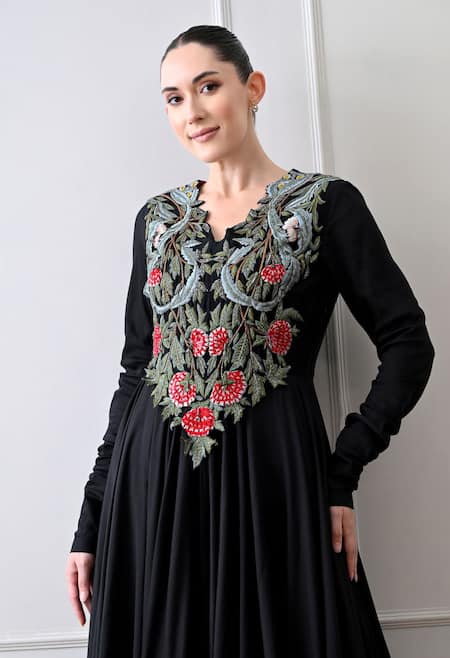 Samant Chauhan_Black Cotton, Silk Embroidery V-neck Floral Flared Gown _at_Aza_Fashions