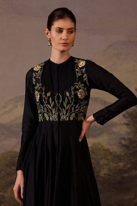 Samant Chauhan_Black Cotton, Silk Embroidery, Metallic Thread High Neck, Floral Bodice Gown _Online_at_Aza_Fashions