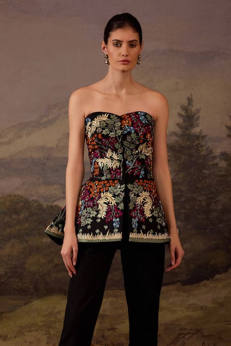Samant Chauhan_Black Cotton, Silk Embroidery Bandeau Floral Pattern Strapless Top And Pant Set _Online_at_Aza_Fashions