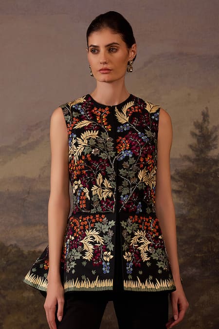 Samant Chauhan_Black Cotton, Silk Embroidery Round Neck Jacket And Pant Set _Online_at_Aza_Fashions