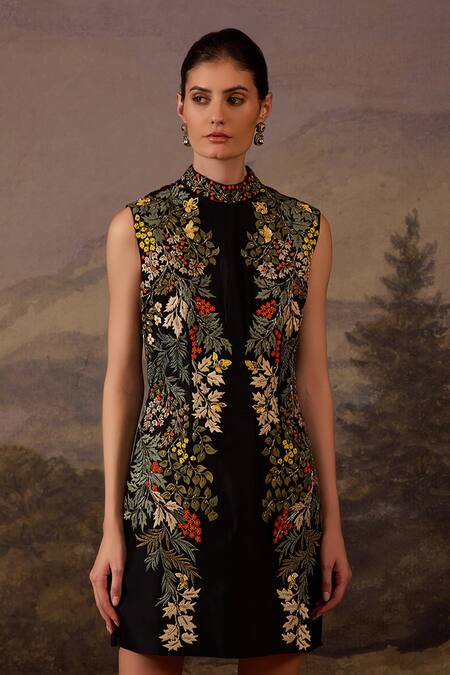 Samant Chauhan_Black Cotton, Silk Embroidery High Neck Floral Mini Dress _Online_at_Aza_Fashions