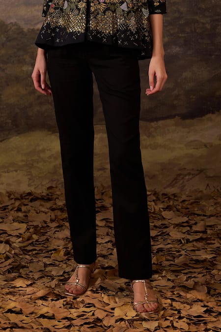 Samant Chauhan_Black Cotton, Silk Embroidery Open Neck Floral Jacket And Pant Set _Online_at_Aza_Fashions