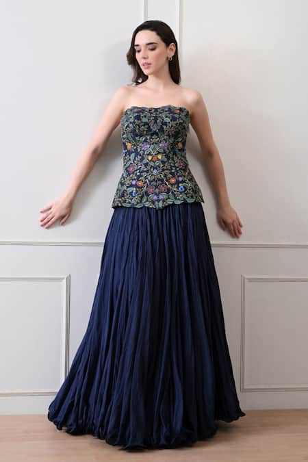 Samant Chauhan_Navy Cotton, Silk Embroidery, Metallic Thread Bandeau Neck Floral Corset Dress _Online_at_Aza_Fashions