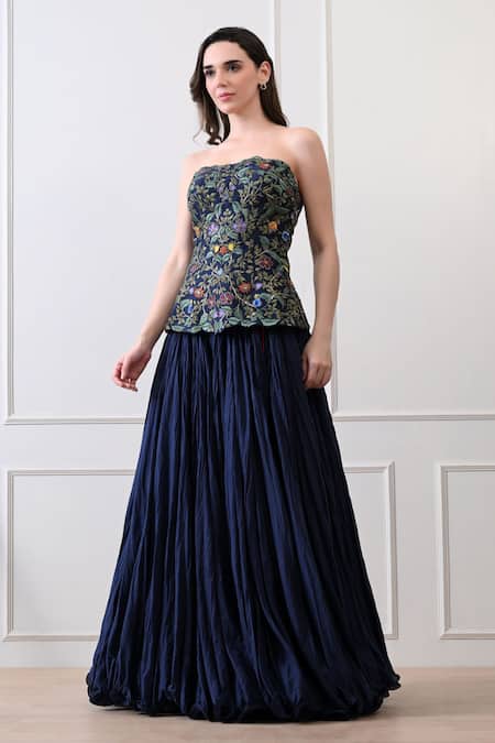 Buy_Samant Chauhan_Navy Cotton, Silk Embroidery, Metallic Thread Bandeau Neck Floral Corset Dress _Online_at_Aza_Fashions