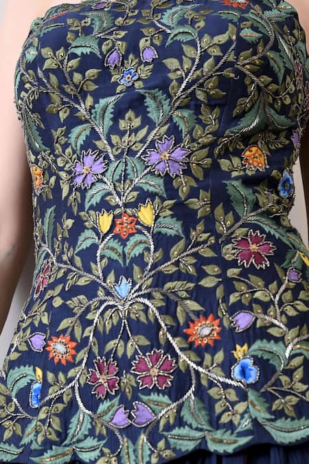 Samant Chauhan_Navy Cotton, Silk Embroidery, Metallic Thread Bandeau Neck Floral Corset Dress _at_Aza_Fashions