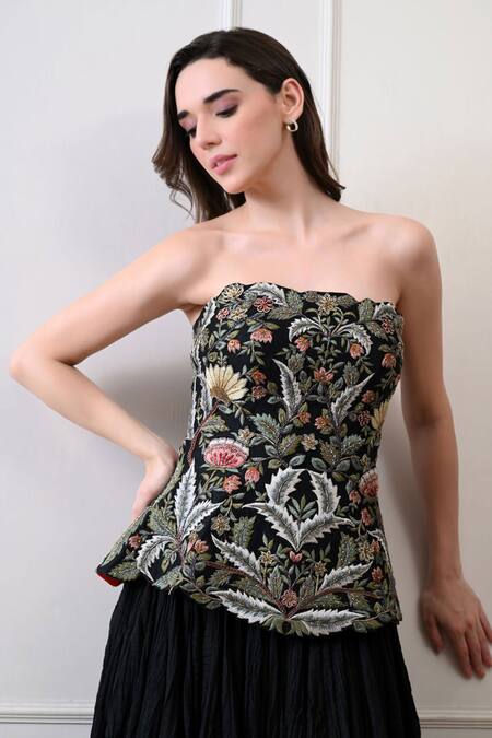 Samant Chauhan_Black Cotton, Silk Embroidery, Beads Bandeau Neck Corset With Flared Skirt _Online_at_Aza_Fashions