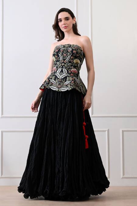 Buy_Samant Chauhan_Black Cotton, Silk Embroidery, Beads Bandeau Neck Corset With Flared Skirt _Online_at_Aza_Fashions