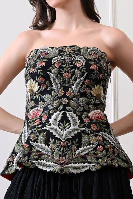 Samant Chauhan_Black Cotton, Silk Embroidery, Beads Bandeau Neck Corset With Flared Skirt _at_Aza_Fashions