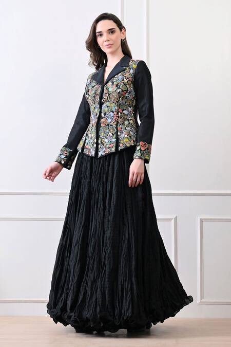 Samant Chauhan_Black Cotton, Silk Embroidery, Metallic Thread, Floral Jacket And Skirt Set _Online_at_Aza_Fashions