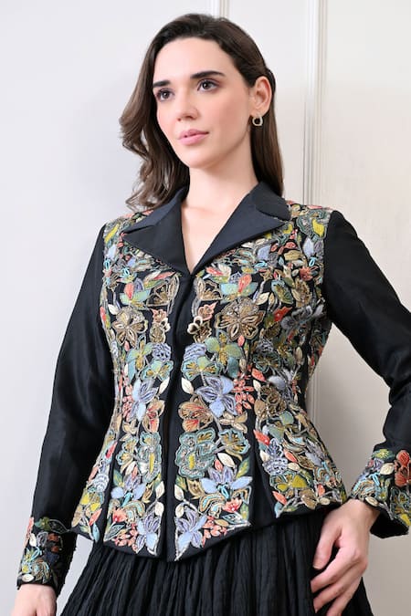 Shop_Samant Chauhan_Black Cotton, Silk Embroidery, Metallic Thread, Floral Jacket And Skirt Set _Online_at_Aza_Fashions