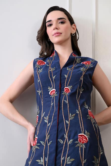 Samant Chauhan_Blue Cotton, Silk Embroidery V-neck, Mandarin Collar Floral Gown _Online_at_Aza_Fashions