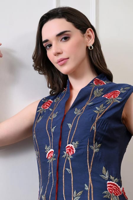 Buy_Samant Chauhan_Blue Cotton, Silk Embroidery V-neck, Mandarin Collar Floral Gown _Online_at_Aza_Fashions