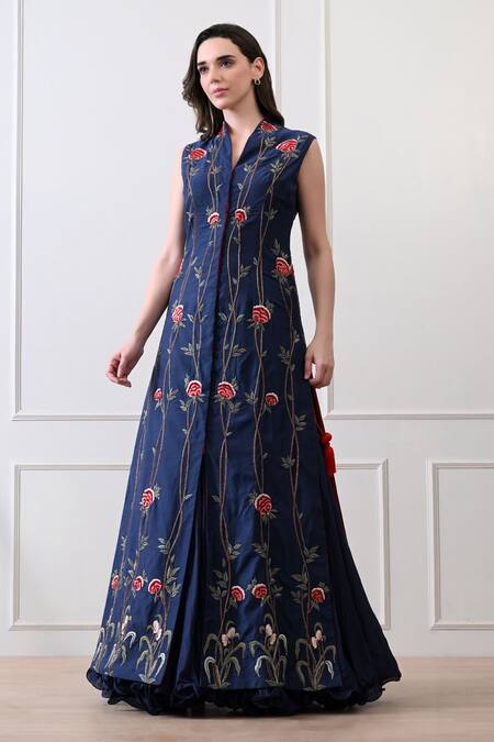 Shop_Samant Chauhan_Blue Cotton, Silk Embroidery V-neck, Mandarin Collar Floral Gown _Online_at_Aza_Fashions
