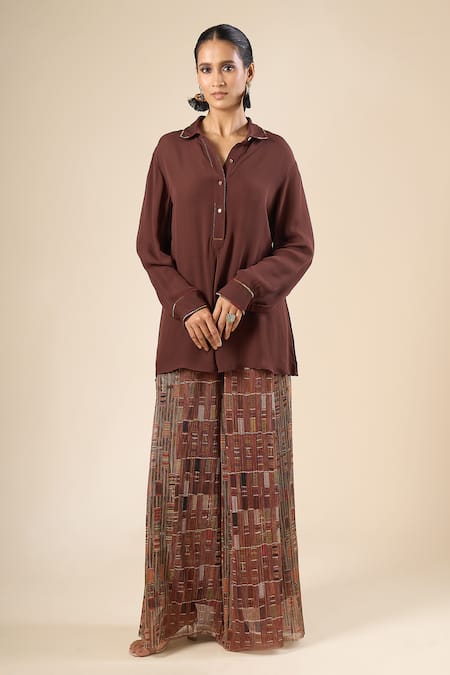 Tarun Tahiliani_Brown Embroidery Collared, V-neck Back Tie-up Shirt _at_Aza_Fashions