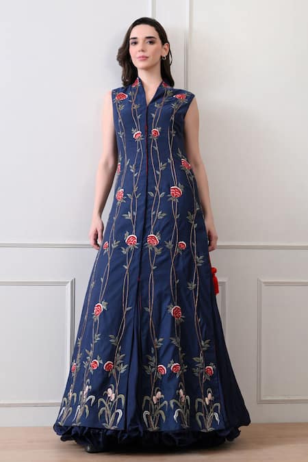 Buy_Samant Chauhan_Blue Cotton, Silk Embroidery V-neck, Mandarin Collar Floral Gown 