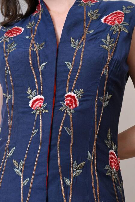 Shop_Samant Chauhan_Blue Cotton, Silk Embroidery V-neck, Mandarin Collar Floral Gown 