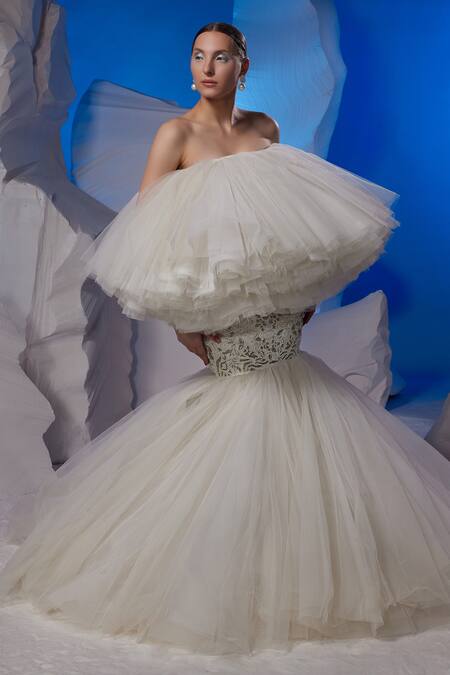 Samant Chauhan_Off White Net Embroidery Bandeau Neck Ruffled Strapless Gown _Online_at_Aza_Fashions