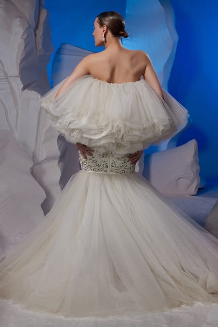 Buy_Samant Chauhan_Off White Net Embroidery Bandeau Neck Ruffled Strapless Gown _Online_at_Aza_Fashions